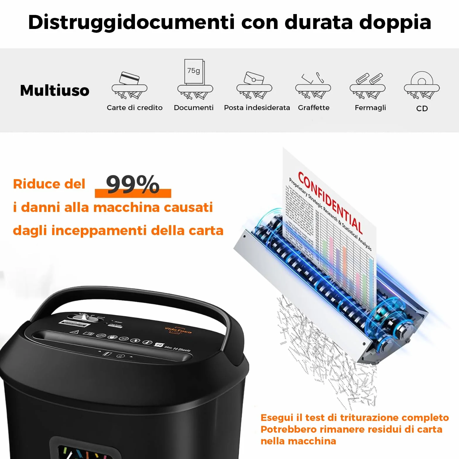 Tritacarte Distruggi documenti ufficio, VidaTeco Trituratore a 14 Fogli a Taglio Incrociato con Funzione Distruggi CD e Carte di Credito, Design con Impugnatura Portatile e Cestino da 25 litri