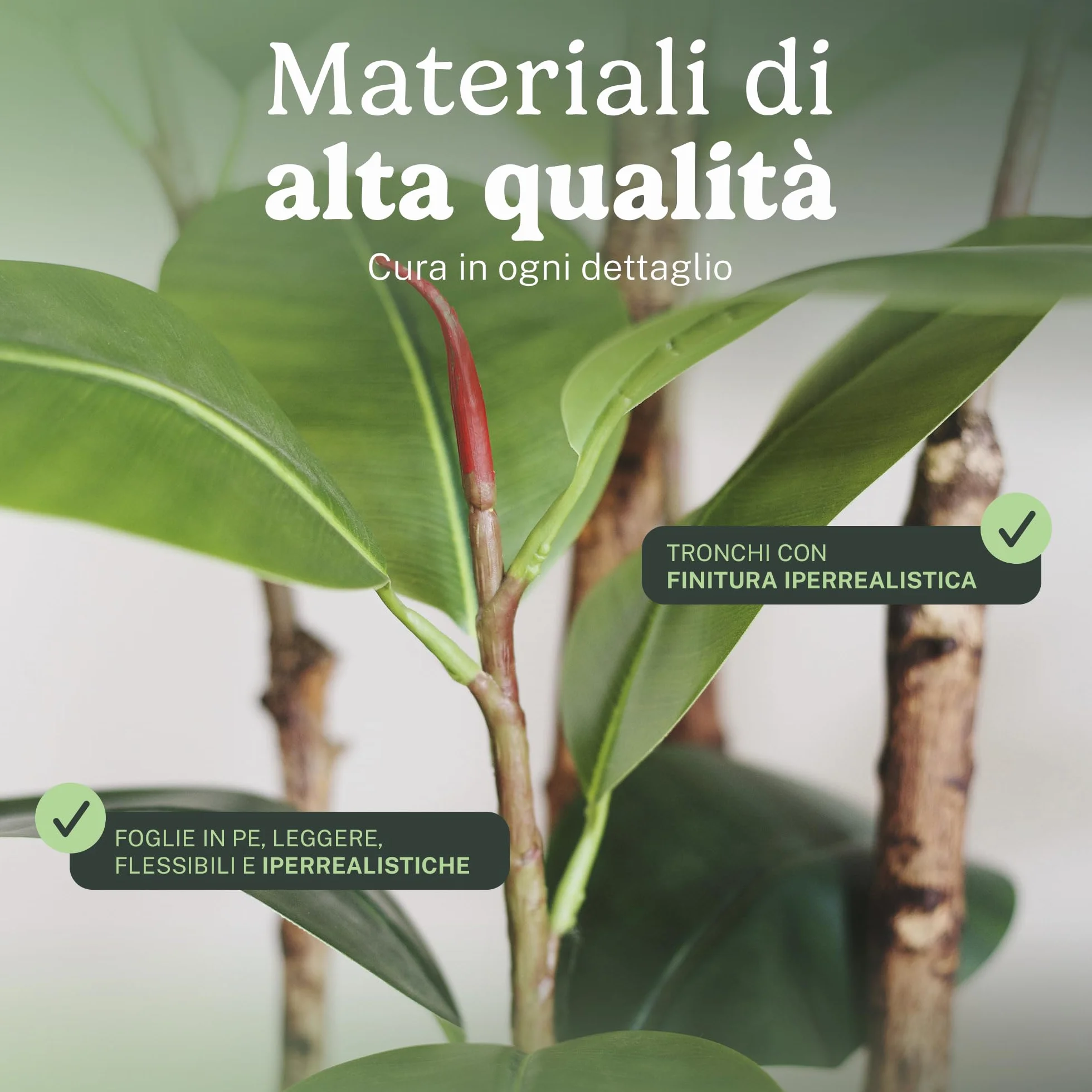Ficus artificiale 180 cm, pianta finta grande da interno Ficus Elastica iperrealistica, albero decorativo