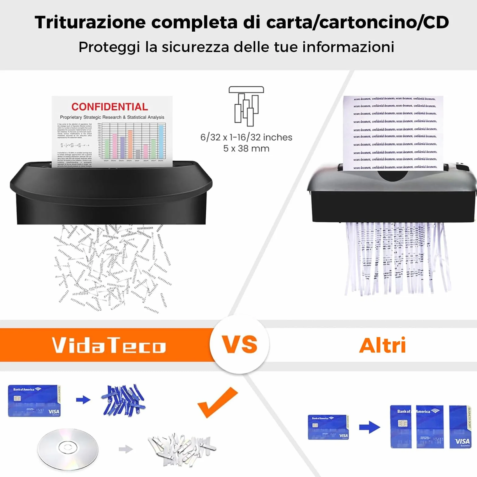 Tritacarte Distruggi documenti ufficio, VidaTeco Trituratore a 14 Fogli a Taglio Incrociato con Funzione Distruggi CD e Carte di Credito, Design con Impugnatura Portatile e Cestino da 25 litri