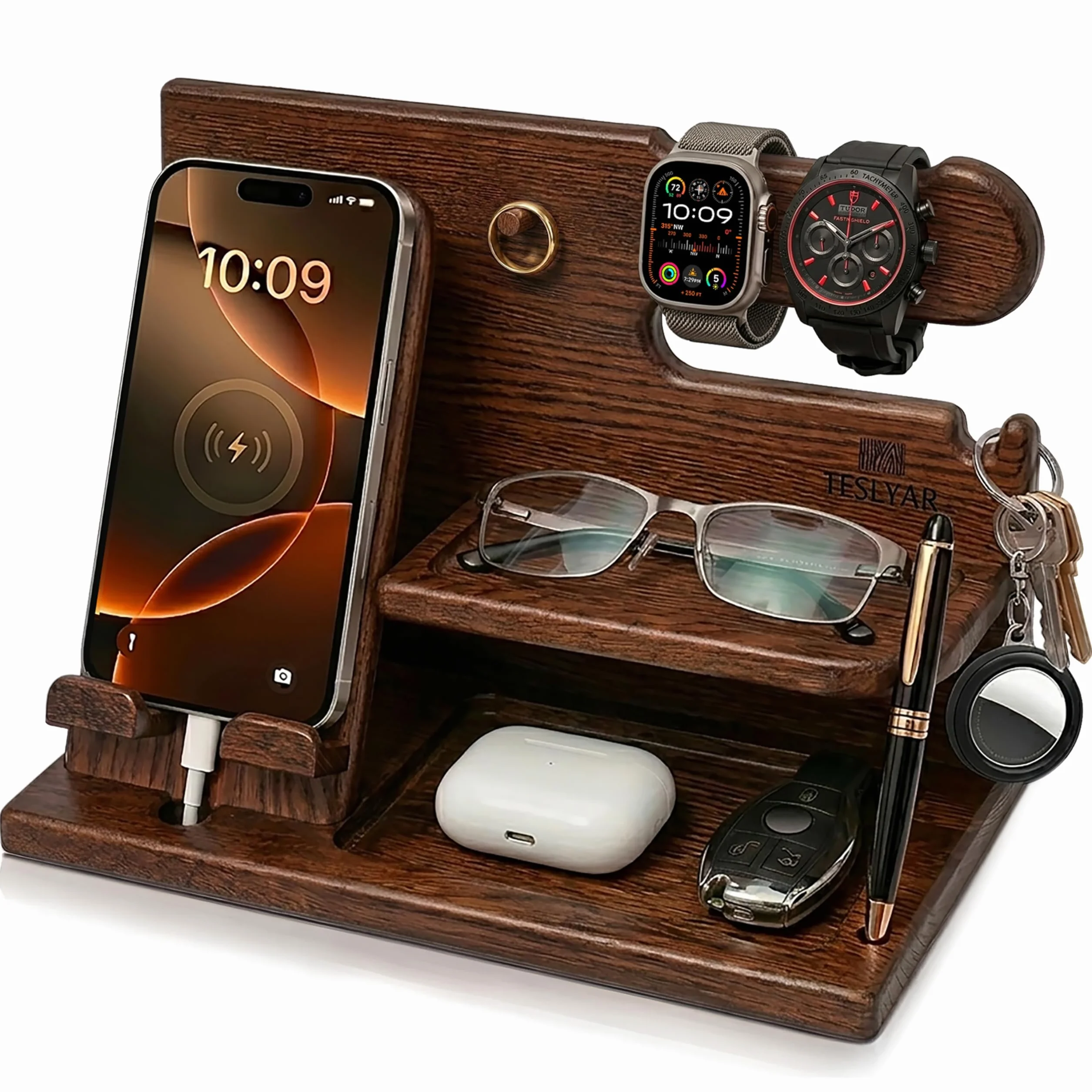 Teslyar Docking Station in Legno Massello di Frassino, Organizer da Comodino per Smartphone, Orologio, Portafoglio | Idea Regalo Uomo/Donna per Natale, Marito, Moglie, Papà (Marrone)