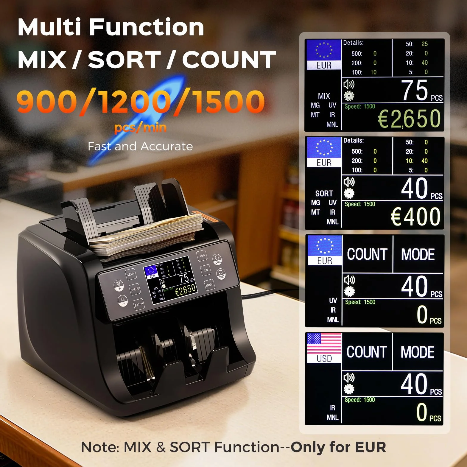 Bonvoisin Conta Banconote, Conteggio del Valore per Banconote Miste in Euro con Rilevamento di Contraffazione UV/MG/IR/MT, 1500 Pezzi/min, Macchina Conta Soldi Professionale con TFT e Display Esterno