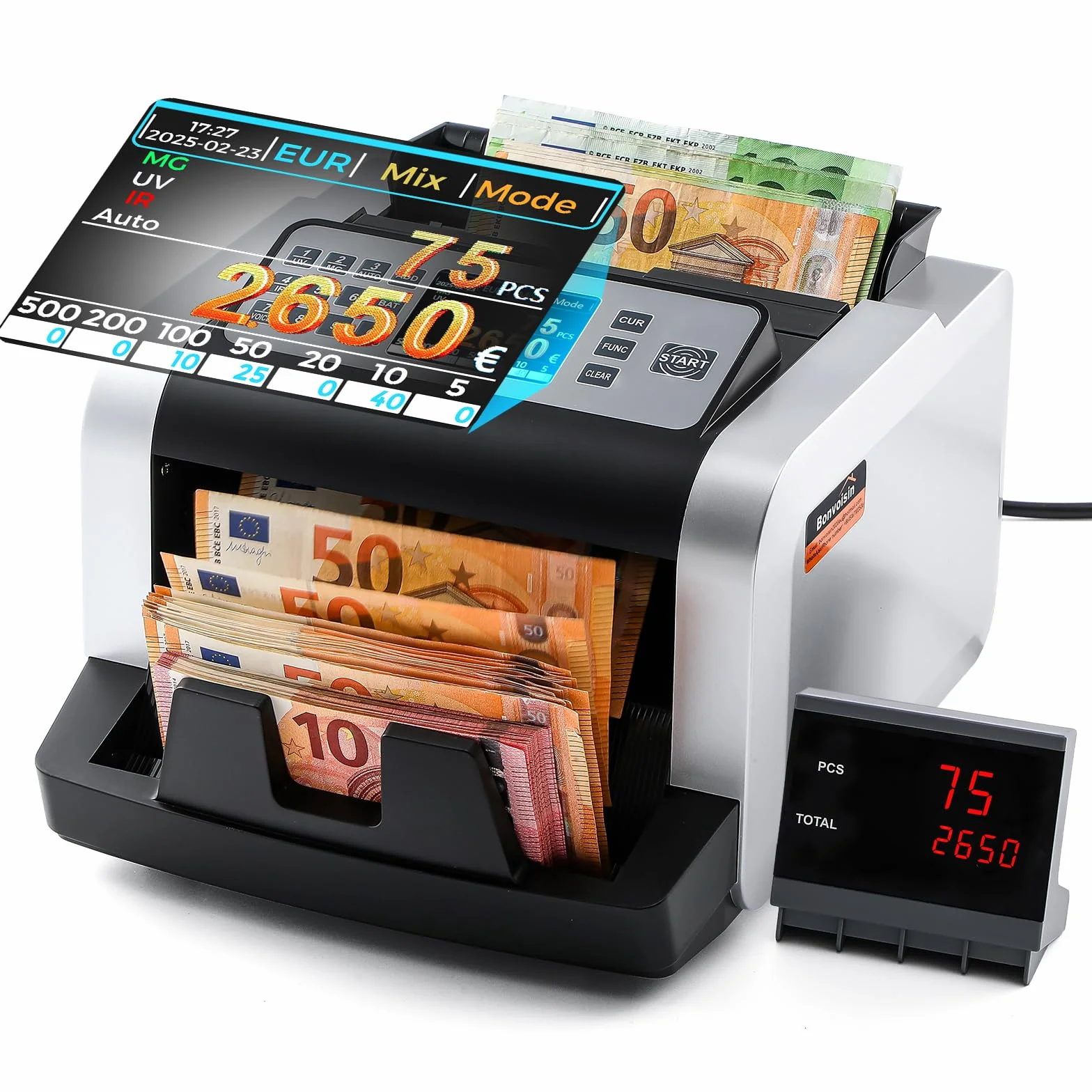 Bonvoisin Conta Banconote Professionale, Conteggio del Valore per Banconote Miste in EUR, Macchina Conta Soldi con Rivelazione di Falsi UV/MG/IR, 1000 Pezzi/Min, Contabanconote con Display Esterno
