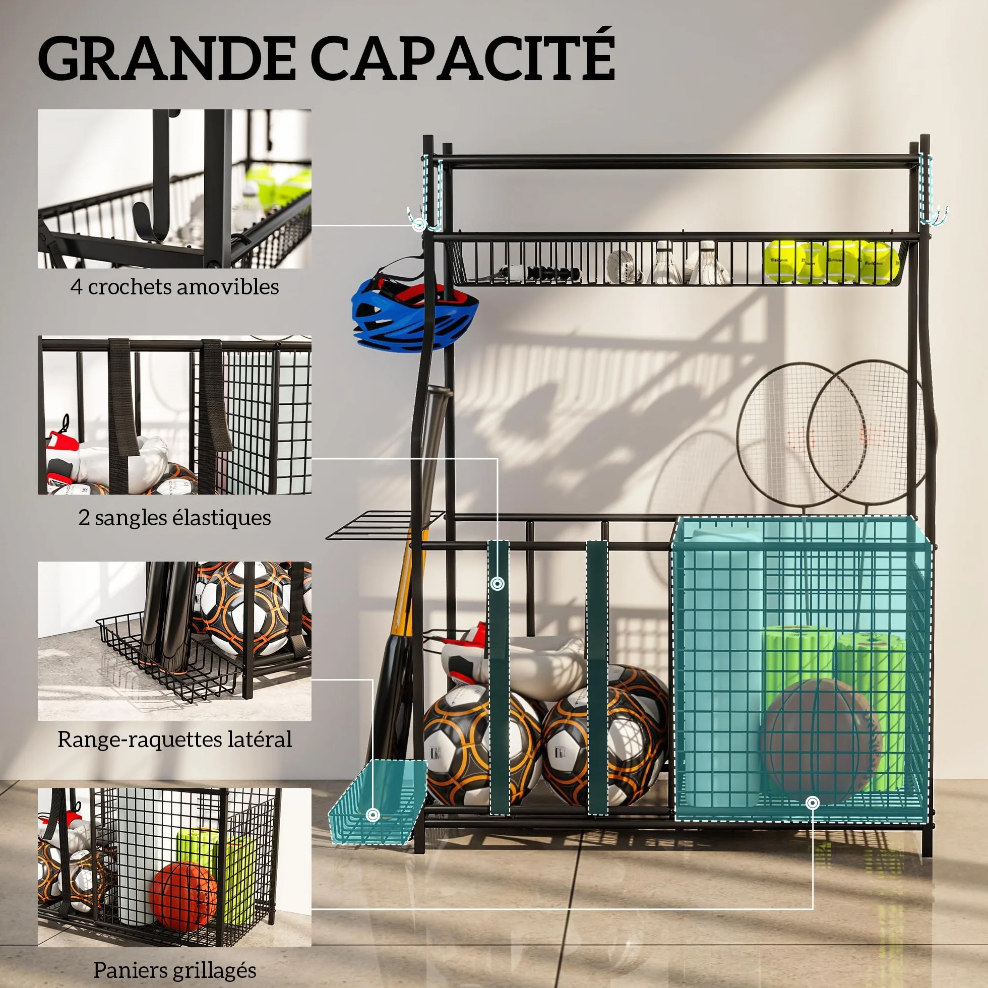 SPORTNOW Contenitore per Attrezzature Sportive, Organizzatore con Cestini e Ganci, Nero