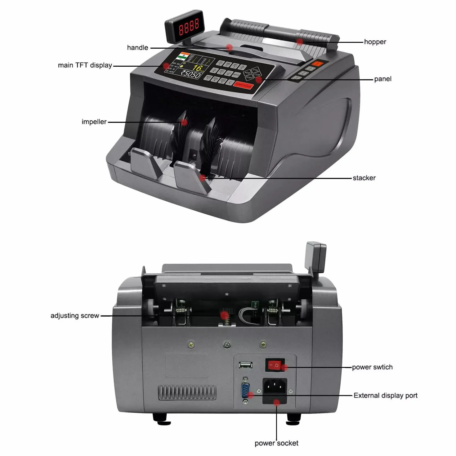 Contatore di banconote con display a LED, conteggio valori misti in euro con rilevamento delle banconote false UV/MG/IR, conta 1000 banconote al minuto