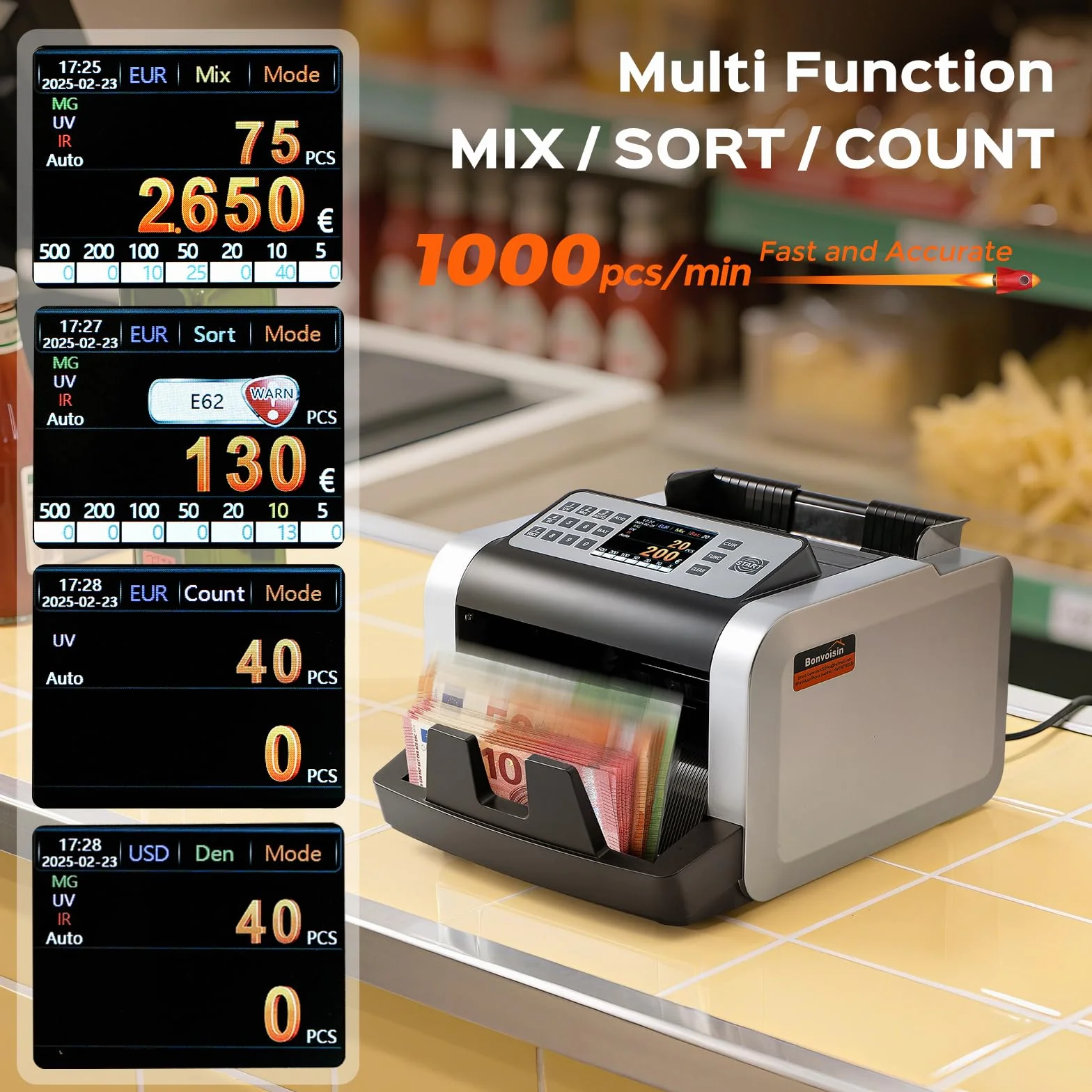 Bonvoisin Conta Banconote Professionale, Conteggio del Valore per Banconote Miste in EUR, Macchina Conta Soldi con Rivelazione di Falsi UV/MG/IR, 1000 Pezzi/Min, Contabanconote con Display Esterno