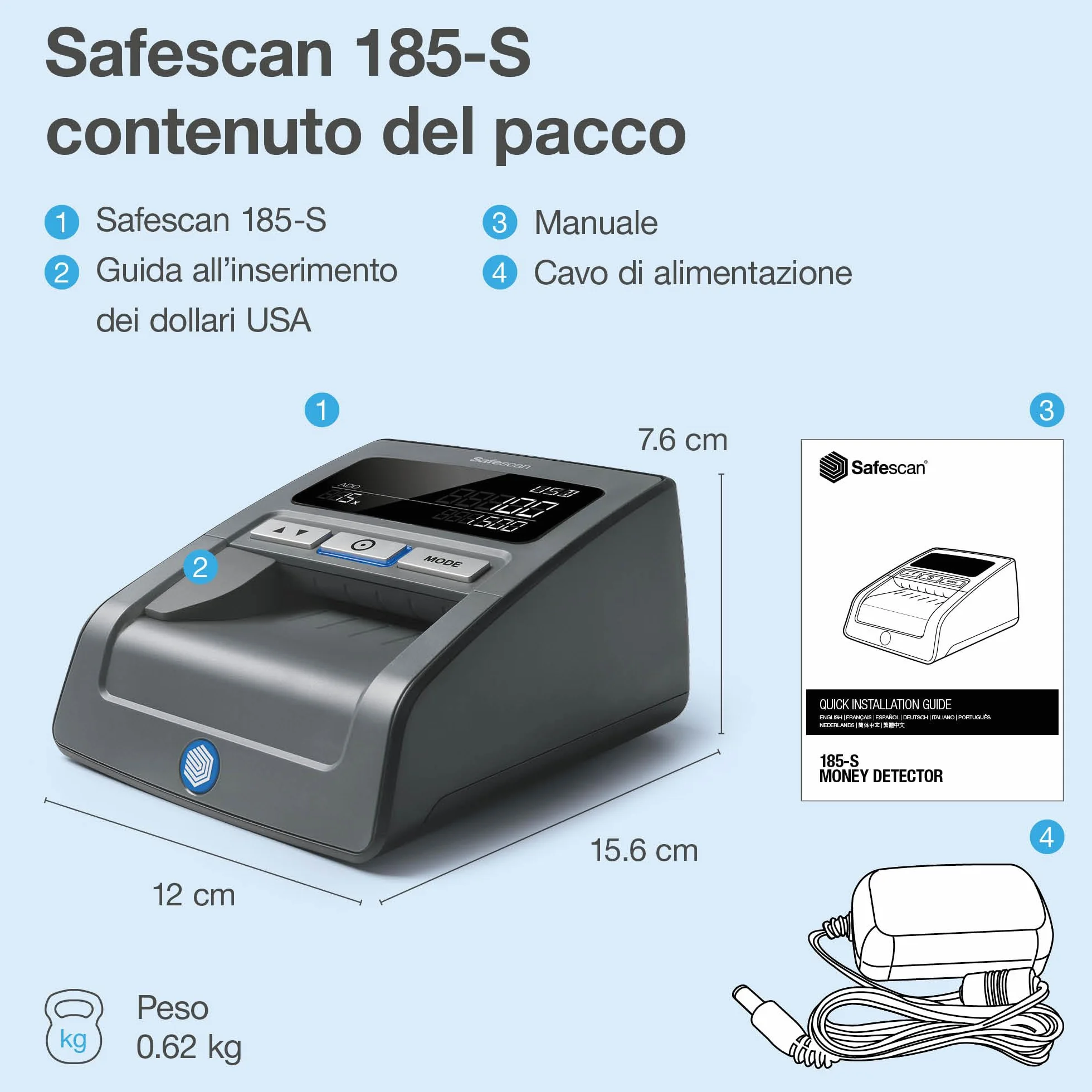 Safescan 185-S Verifica banconote false automatico che verifica rapidamente le banconote, Inclusi dollari americani, Verificatore del falso a 7 punti, Accurato Verifica banconote al 100%