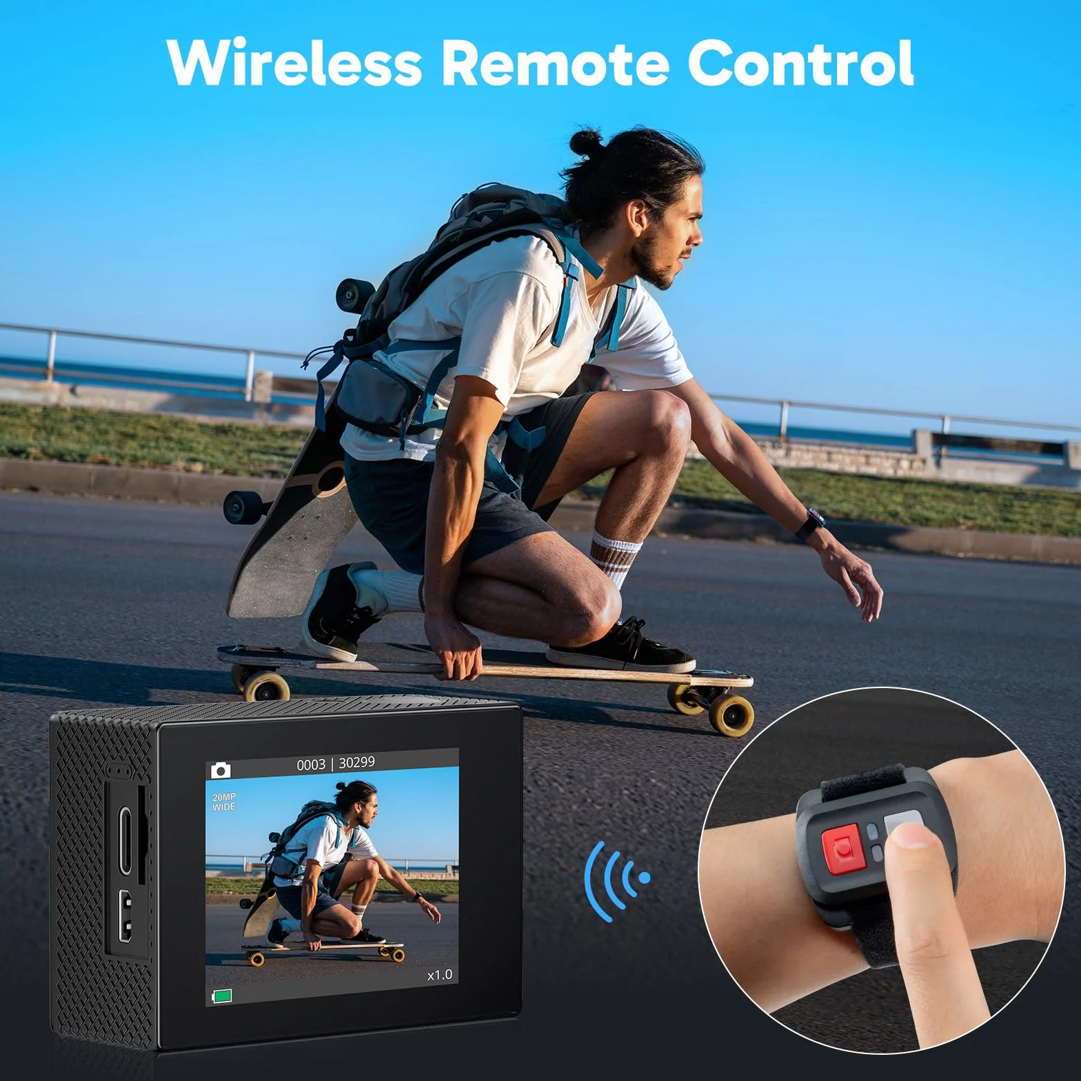 AKASO EK7000 Action Cam 4K WiFi Impermeabile 30M con Scheda 64GB, Fotocamera Subacquea WiFi 20MP, Microfono Esterno, Telecomando, 2 Batterie 1050 mAh, Accessori per Sport