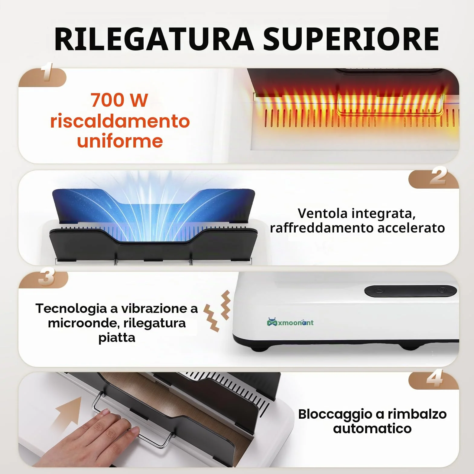 Mxmoonant Macchina per rilegatura termica max.500 fogli, nessun preriscaldamento, con slot per raffreddamento e vibrazione a microonde, 3 impostazioni di tempo per 315 mm di lunghezza, documenti