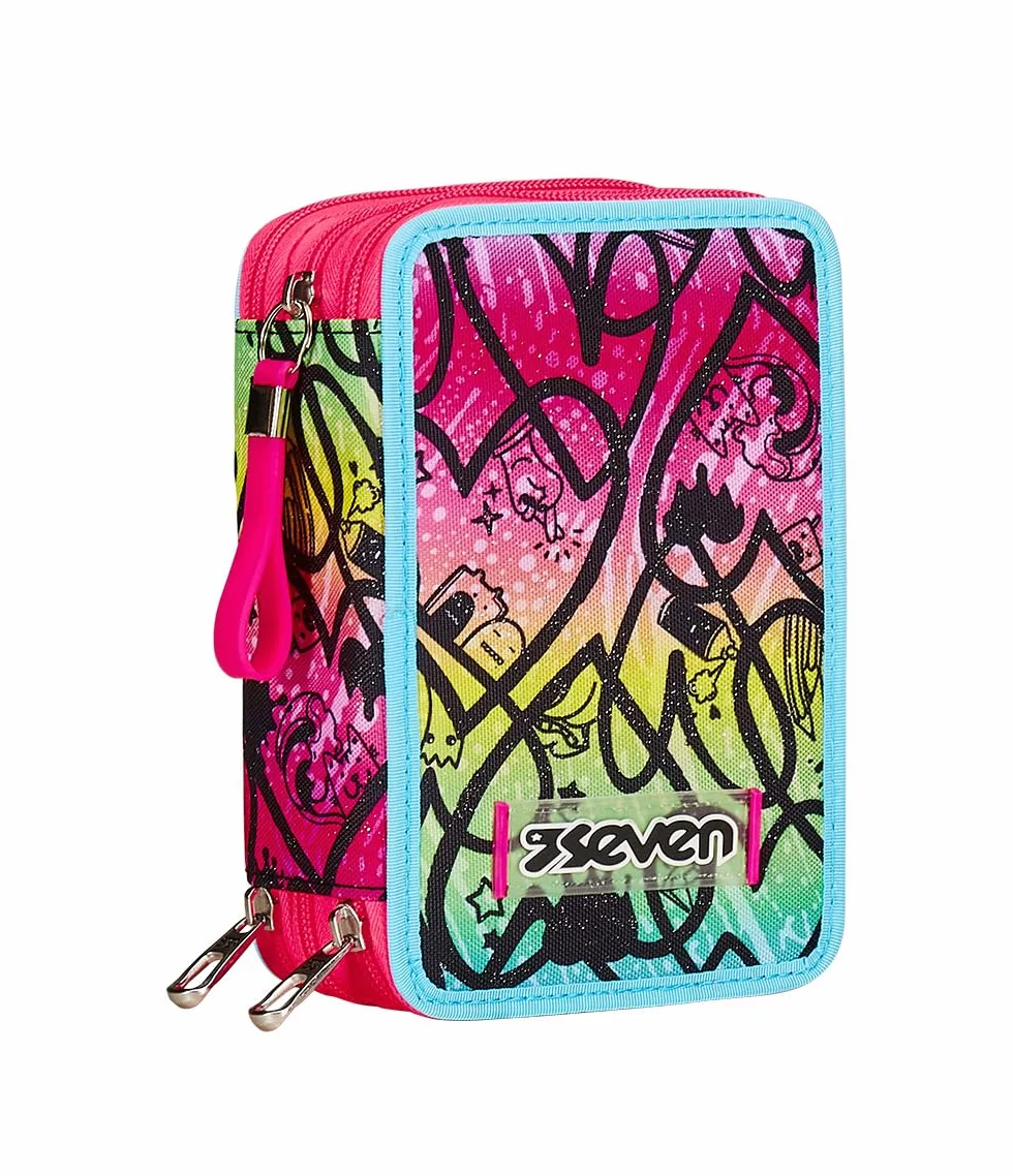 Seven Astuccio Scuola Elementare, 3 scomparti, Medie, con Matite, Pennarelli, Penne, 3 Zip, Jump Love, Bambina e Ragazza, multicolore
