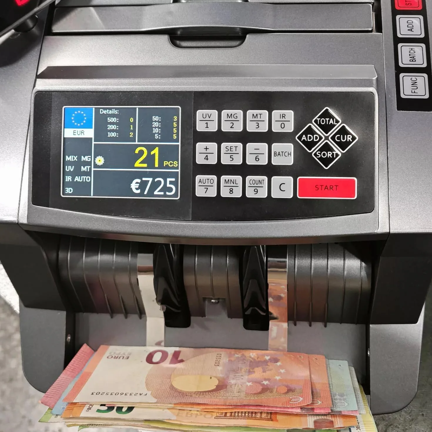 Contatore di banconote con display a LED, conteggio valori misti in euro con rilevamento delle banconote false UV/MG/IR, conta 1000 banconote al minuto