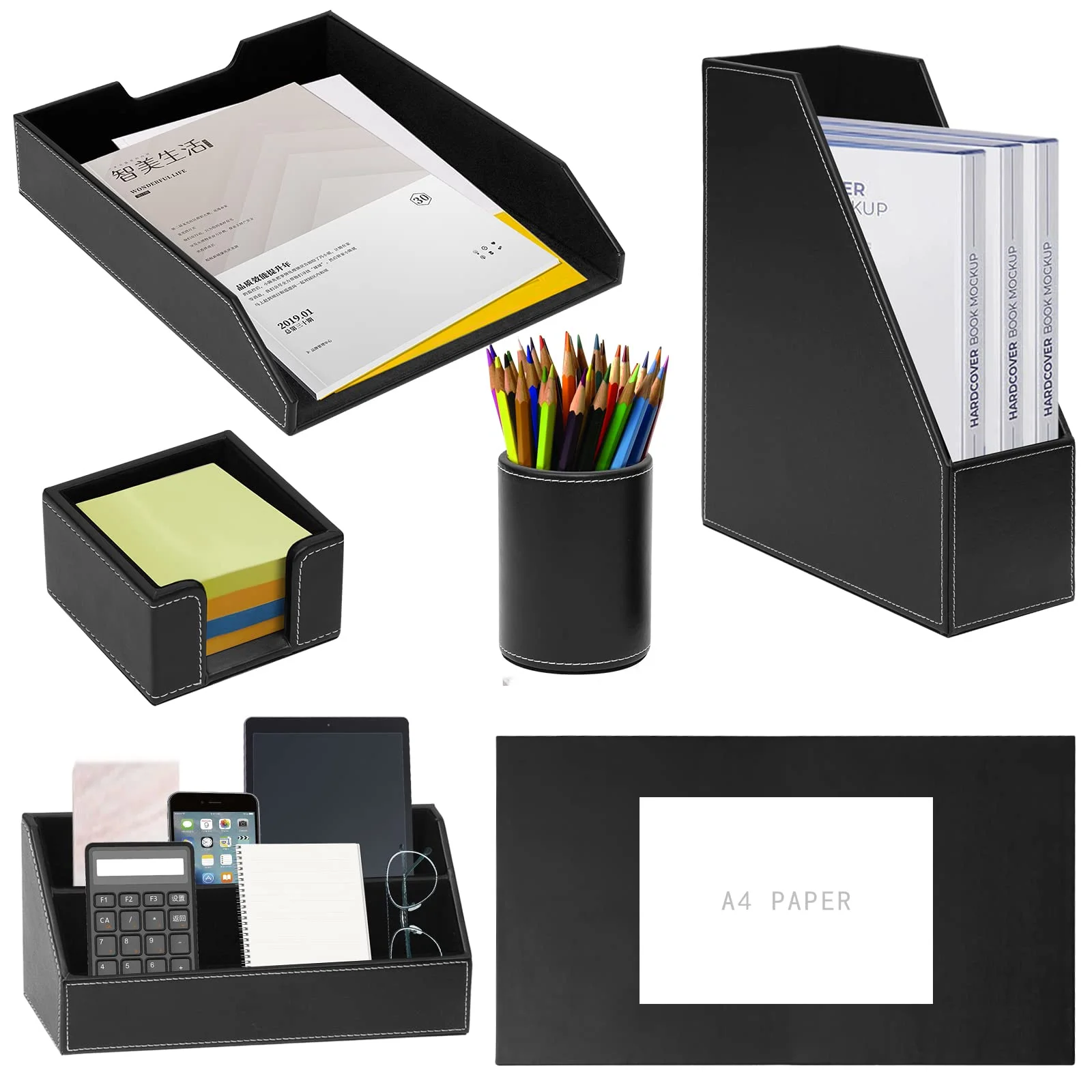 Set Scrivania Ufficio Pelle Pu,Organizzatori da Scrivania 6 Pezzi,Incluso Blocco Scrittoio,Vassoio di Carta,Porta Riviste,Portapenne,Porta Note,Ordinatore di Lettere,Personale e Regalo,Nero