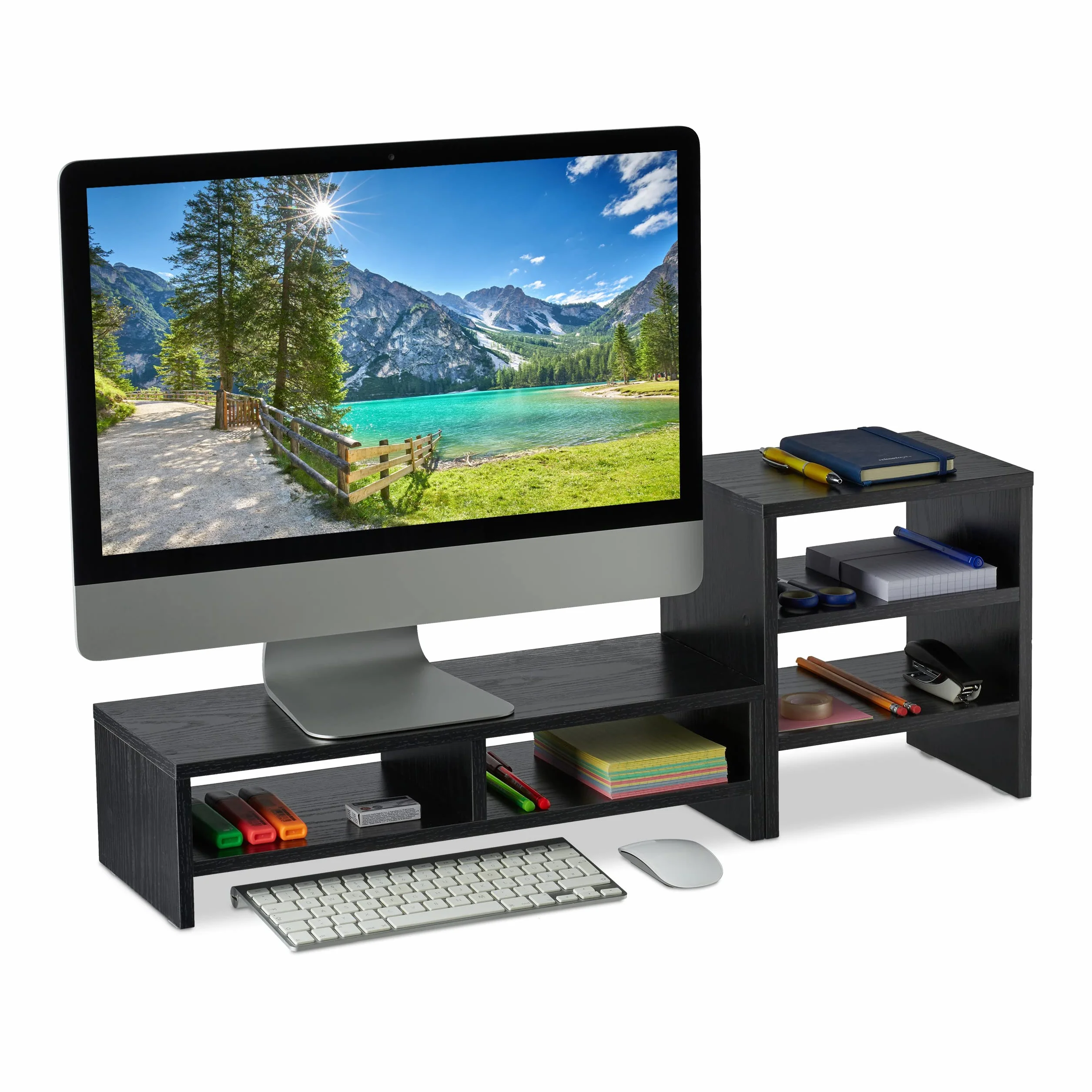 Relaxdays Supporto per Monitor con Ripiani Organizer, 2 Parti, Base Rialzata per PC da Scrivania, Casa e Ufficio, Nero