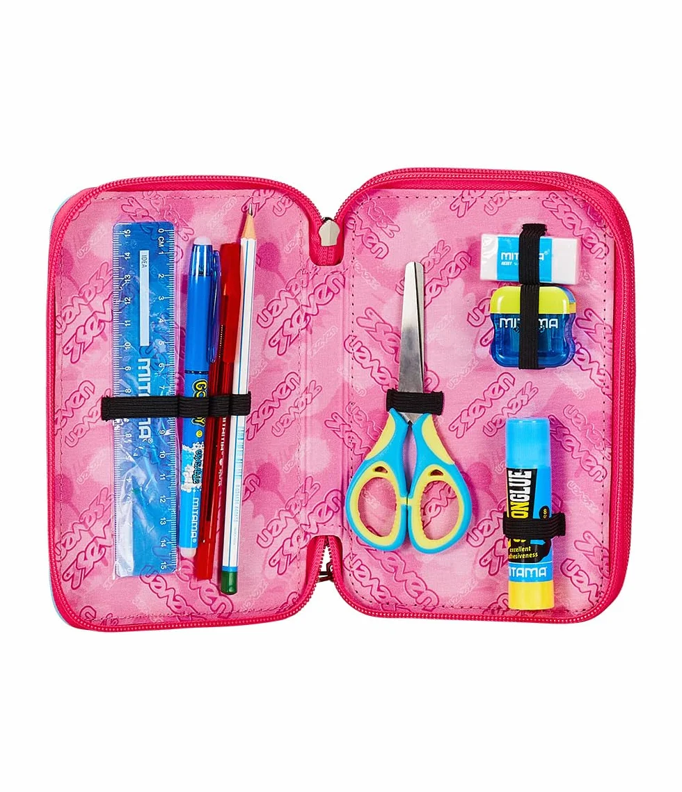 Seven Astuccio Scuola Elementare, 3 scomparti, Medie, con Matite, Pennarelli, Penne, 3 Zip, Jump Love, Bambina e Ragazza, multicolore