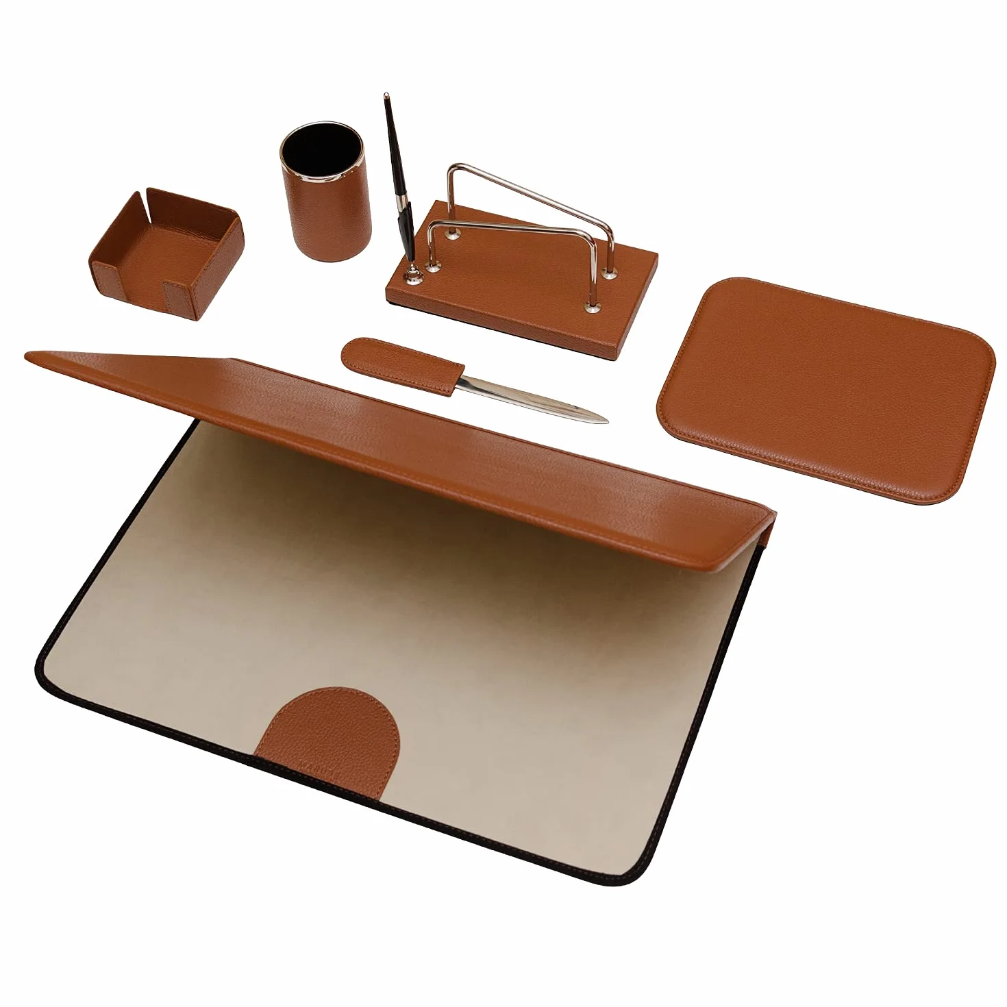 Set da Scrivania 6 Pezzi - 100% Pelle Pieno Fiore - Fatto a Mano in Italia da Esperti Artigiani - Elegante e Funzionale, ideale per l'Ufficio - Cognac