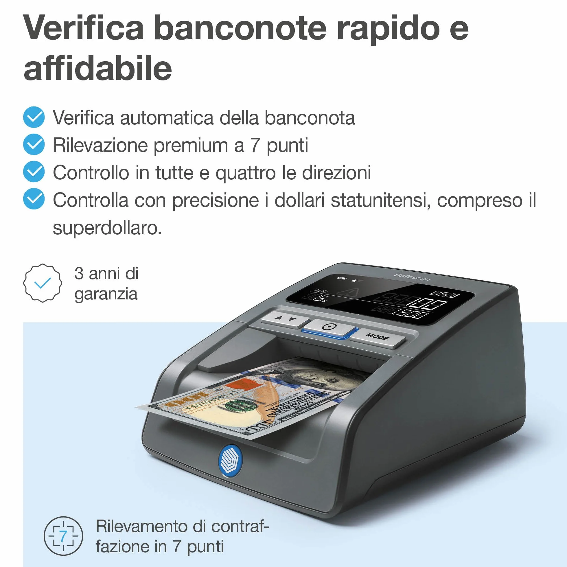 Safescan 185-S Verifica banconote false automatico che verifica rapidamente le banconote, Inclusi dollari americani, Verificatore del falso a 7 punti, Accurato Verifica banconote al 100%