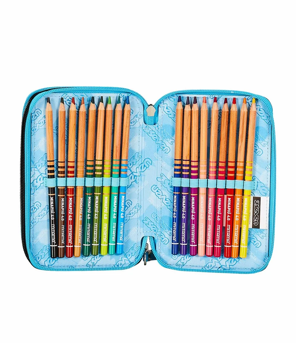 Seven Astuccio Scuola Elementare, 3 scomparti, Medie, con Matite, Pennarelli, Penne, 3 Zip, Spotty Blue, Bambino, Ragazzo, blu/bianco