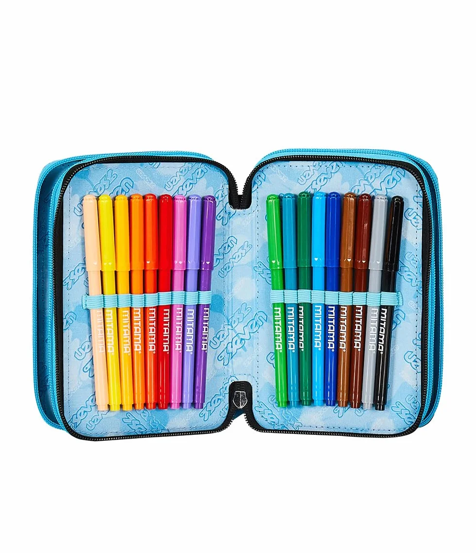 Seven Astuccio Scuola Elementare, 3 scomparti, Medie, con Matite, Pennarelli, Penne, 3 Zip, Spotty Blue, Bambino, Ragazzo, blu/bianco