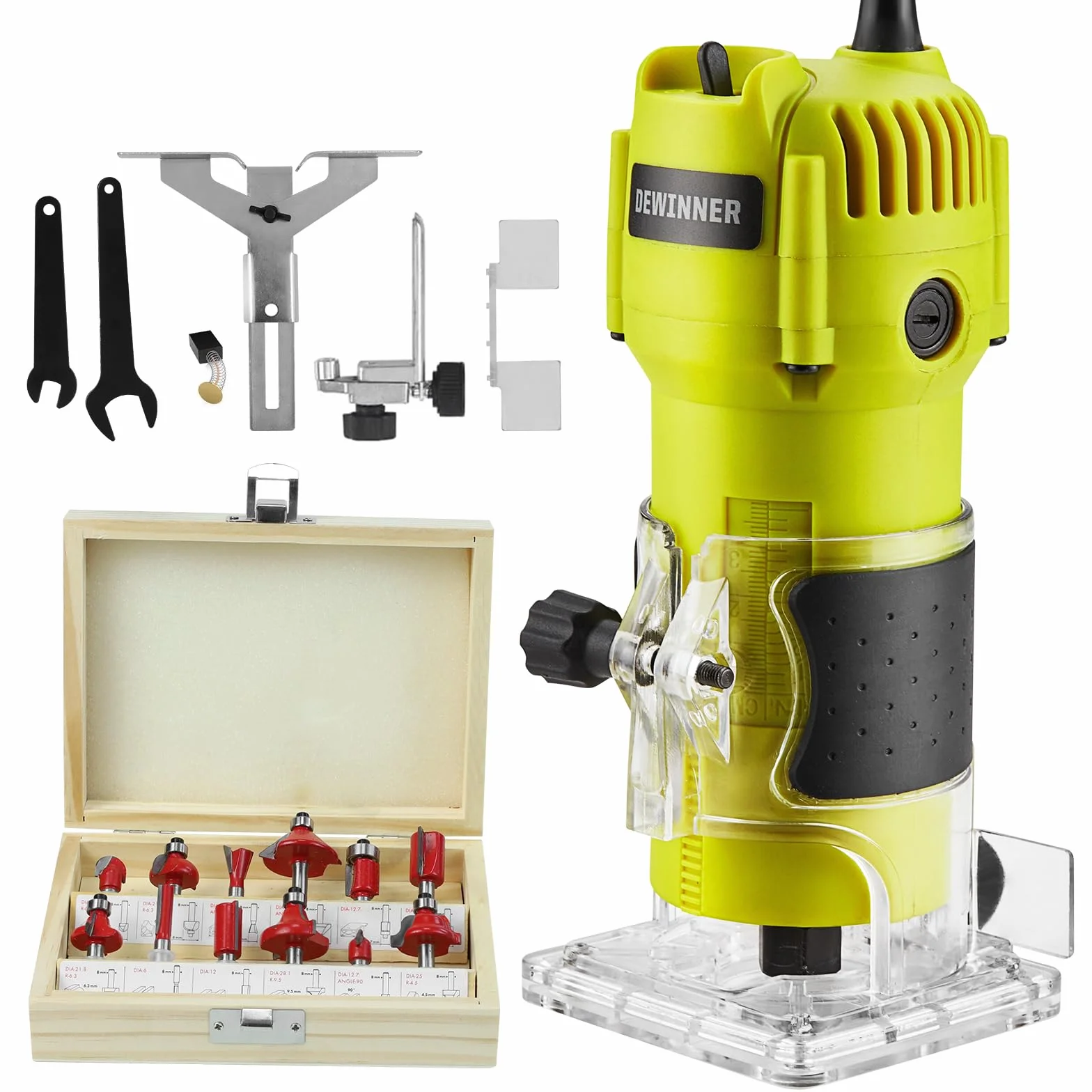DEWINNER Fresatrice Verticale Legno, 600 W Fresatrice per Legno con 12 Pezzi Set frese (6mm), Rifilatore per Legno per Lavorazione del Legno Rifinitura Scanalatura Intaglio per Lavori di Carpenteria