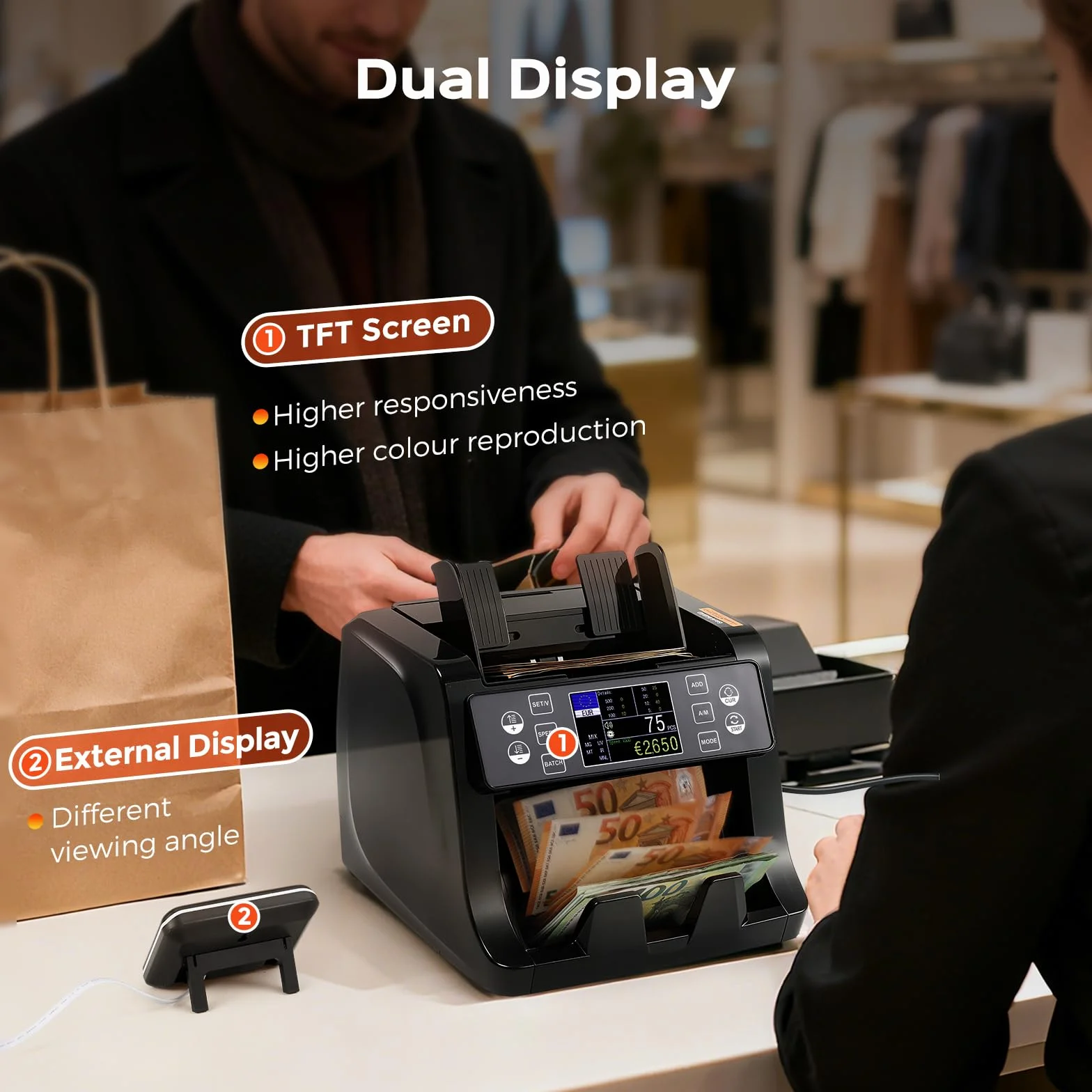 Bonvoisin Conta Banconote, Conteggio del Valore per Banconote Miste in Euro con Rilevamento di Contraffazione UV/MG/IR/MT, 1500 Pezzi/min, Macchina Conta Soldi Professionale con TFT e Display Esterno