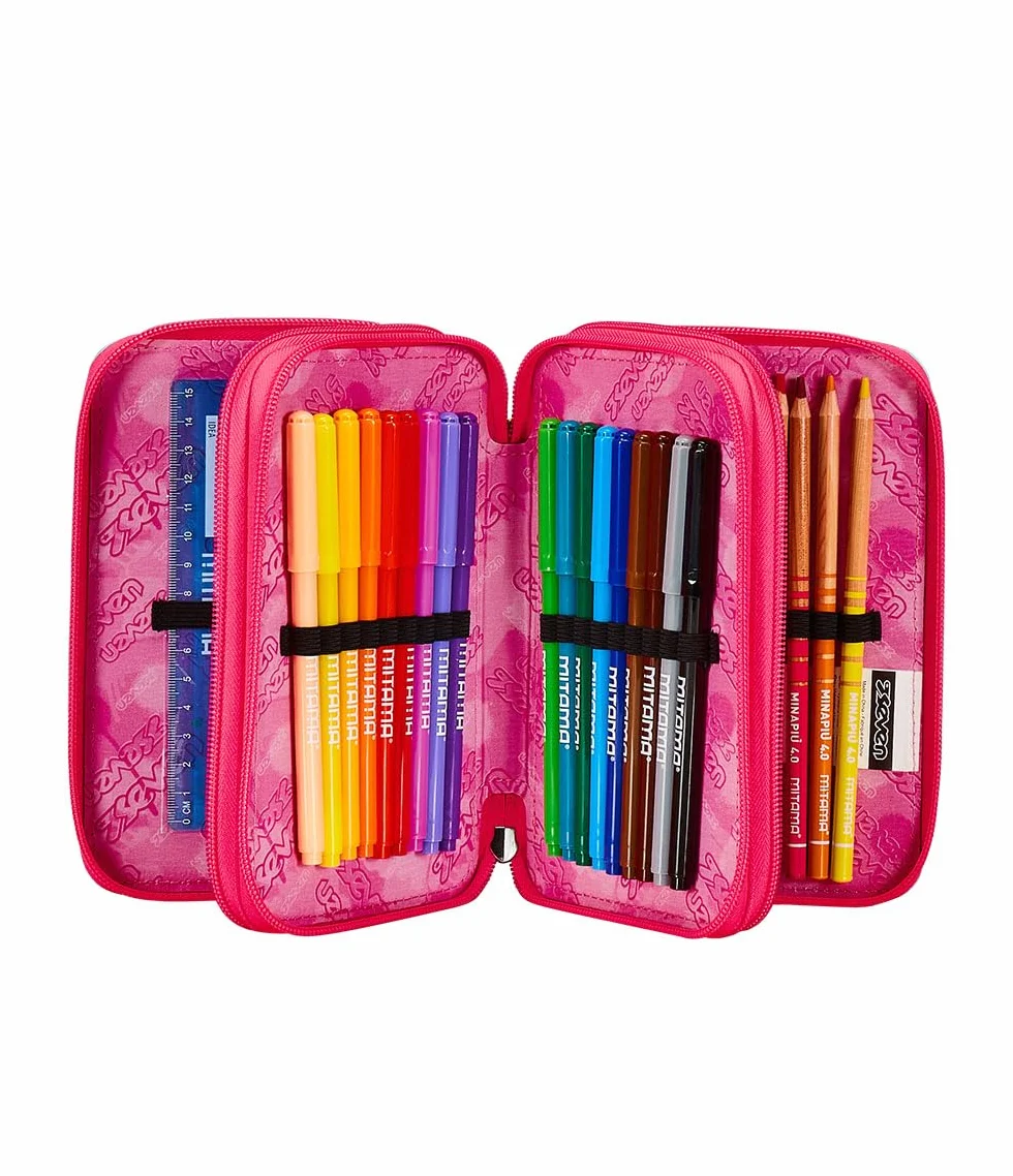 Seven Astuccio Scuola Elementare, 3 scomparti, Medie, con Matite, Pennarelli, Penne, 3 Zip, Jump Love, Bambina e Ragazza, multicolore